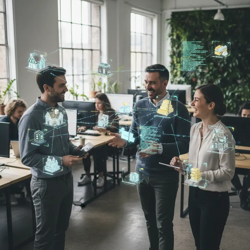 A futuristic network of blockchain nodes connected by glowing data streams, with floating smart-contract code blocks and digital tokens representing real estate, bonds, and commodities—illustrating a decentralized ledger infrastructure and asset tokenization.