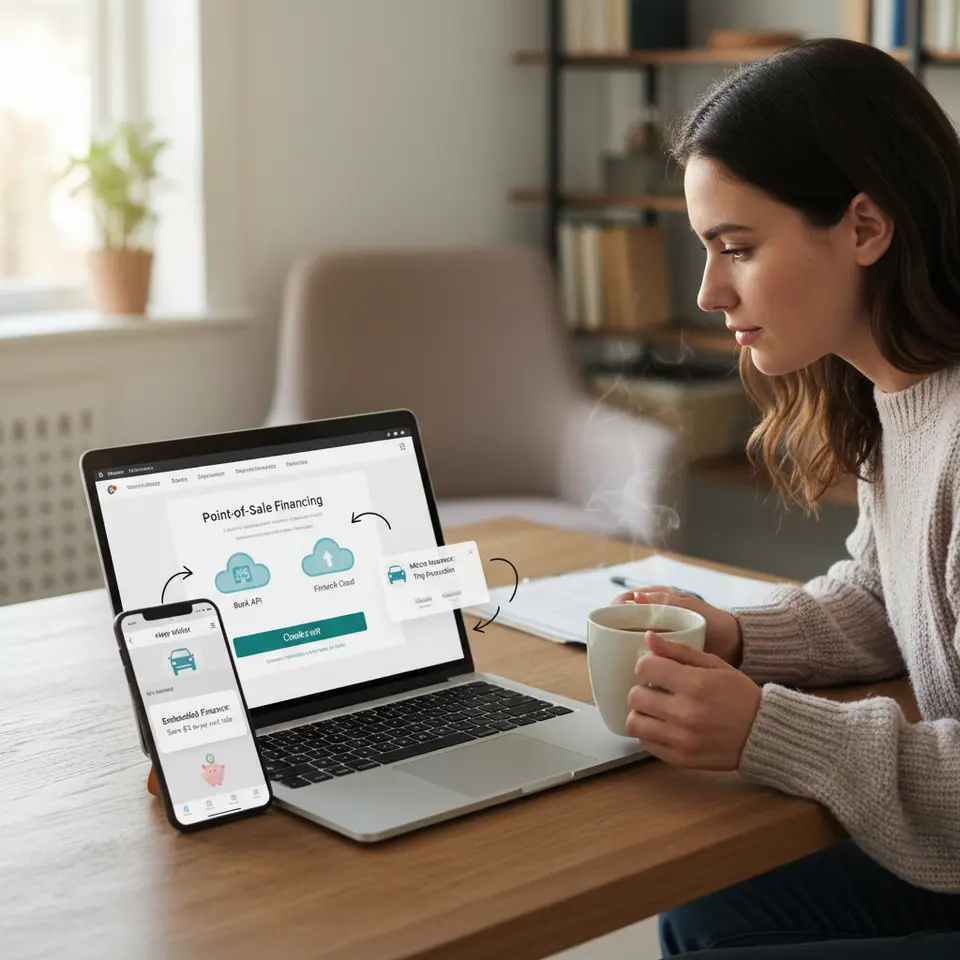 A digital commerce scene on a smartphone and laptop: an online store checkout offering point-of-sale financing, arrows linking to bank and fintech cloud icons, an in-app wallet for ride-sharing and micro-insurance pop-ups—depicting open banking APIs and embedded finance integration.