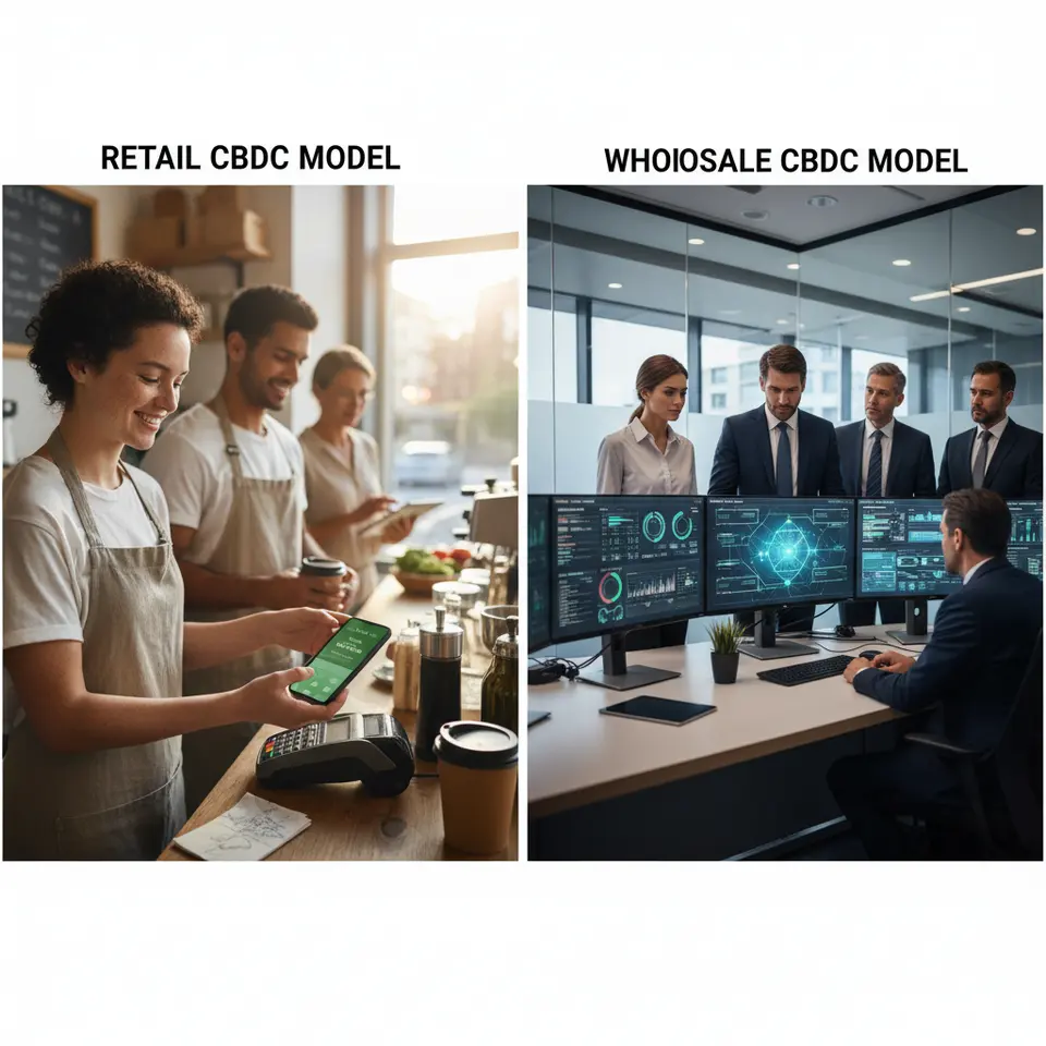 Illustration of Retail vs. Wholesale CBDC Models: A split-screen scene showing on the left everyday consumers and small businesses using mobile wallets and contactless payments, and on the right banks and financial institutions exchanging high-value digital currency through a secure interbank network.