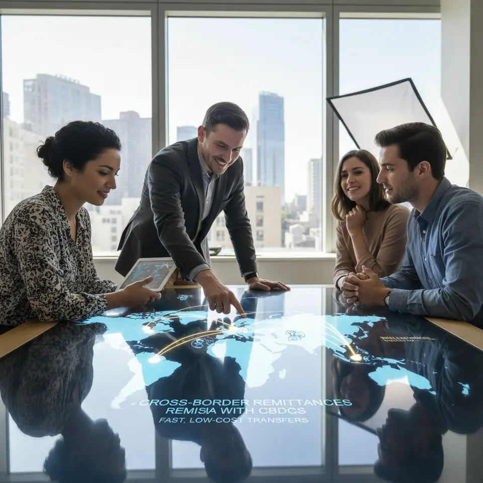 Cross-Border Remittances with CBDCs: A stylized world map with glowing rails or digital corridors connecting different countries, representing fast, low-cost transfers of central bank digital currency between migrants and their families across borders.