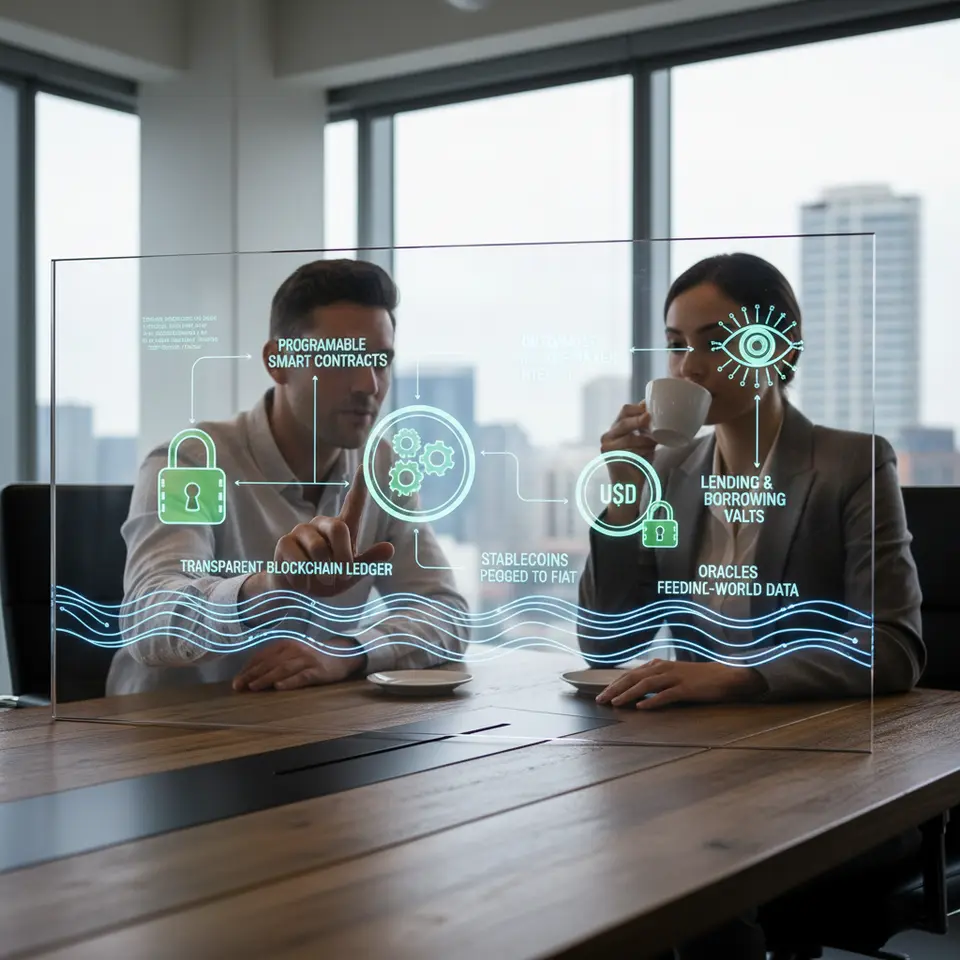 A stylized infographic showcasing the key building blocks of the DeFi ecosystem: programmable smart contracts on a transparent blockchain ledger, automated market‐maker decentralized exchanges with pooled liquidity, lending and borrowing vaults earning interest, stablecoins pegged to fiat, and oracles feeding real-world data—each element represented by distinct icons interconnected with flow arrows.