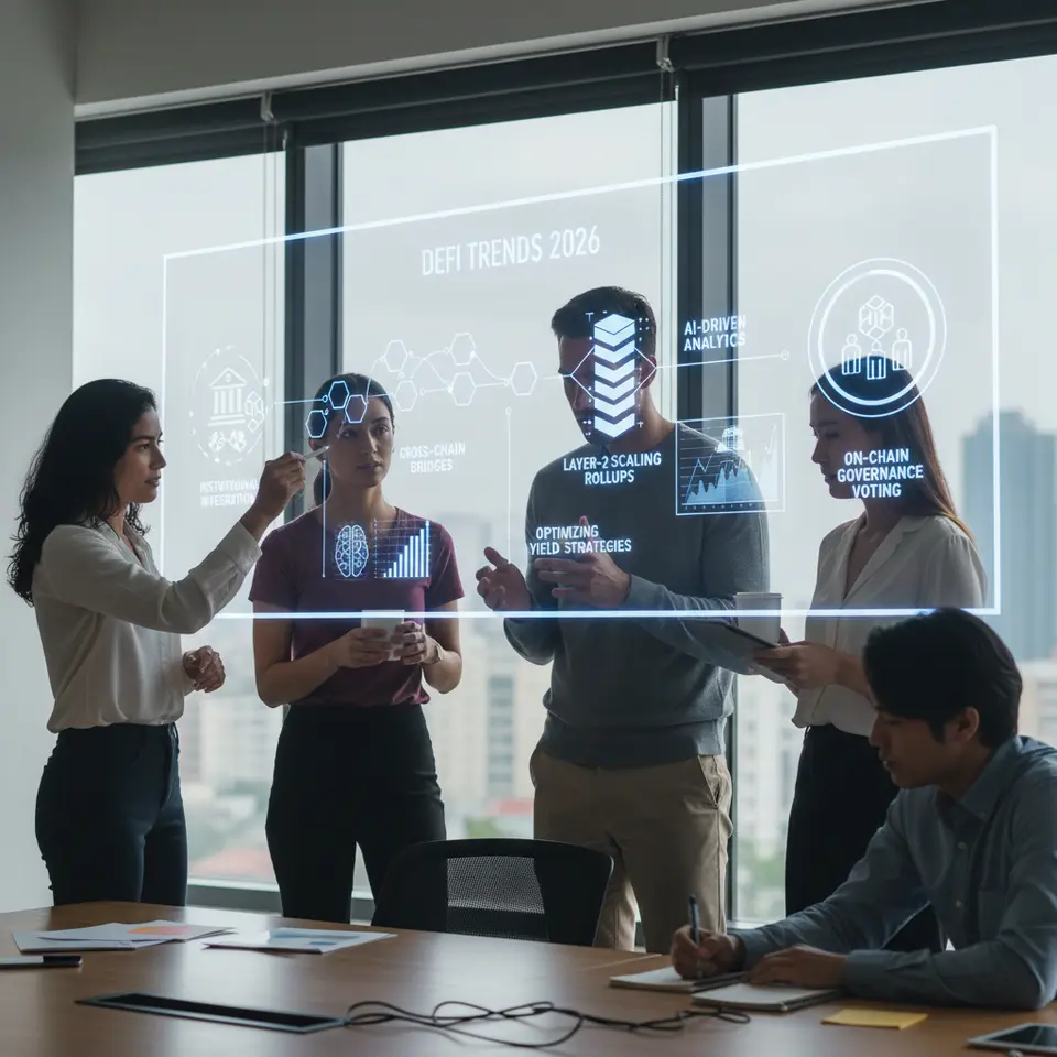 A futuristic roadmap of emerging DeFi trends for 2026: institutional integration with traditional banks and secure custody solutions, cross-chain bridges linking multiple blockchains, Layer-2 scaling rollups batching transactions off-chain, AI-driven analytics optimizing yield strategies, and on-chain governance with token holders voting—arranged along a timeline with bold visuals for each trend.