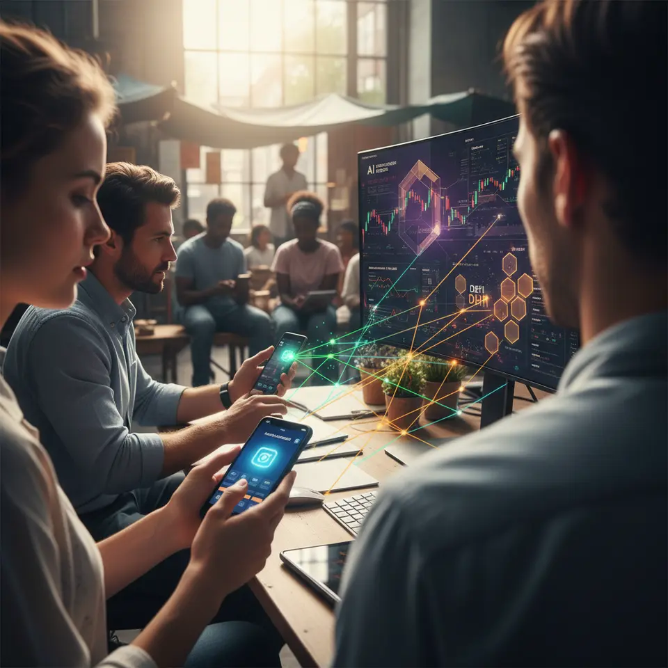 The Evolving Digital Finance Ecosystem: a vibrant network of mobile wallets, peer-to-peer payment apps, AI-driven trading dashboards, DeFi smart contracts and underserved users accessing loans and investments on smartphones, all linked by glowing data streams