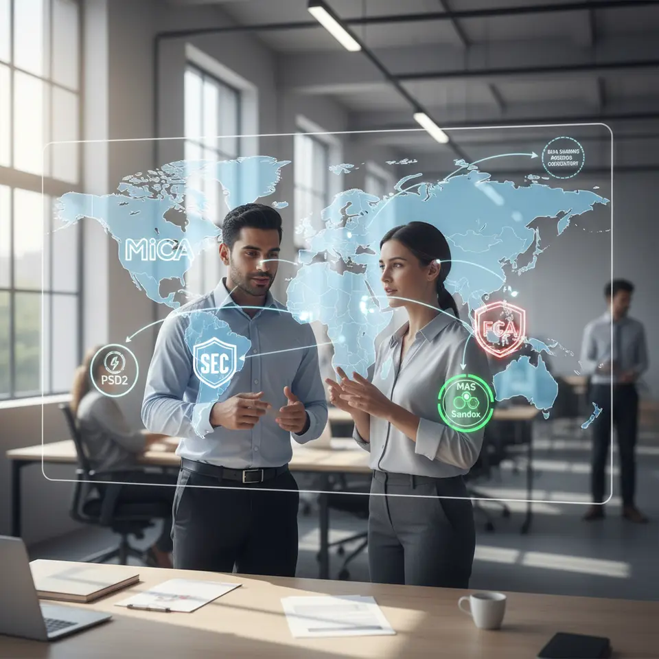 Global Regulatory Frameworks Map: a world map spotlighting the EU (MiCA & PSD2 logos), the US (SEC & FinCEN badges), Singapore’s MAS sandbox icon and the UK’s FCA shield, connected by arrows and regulatory shields to illustrate cross-border coordination