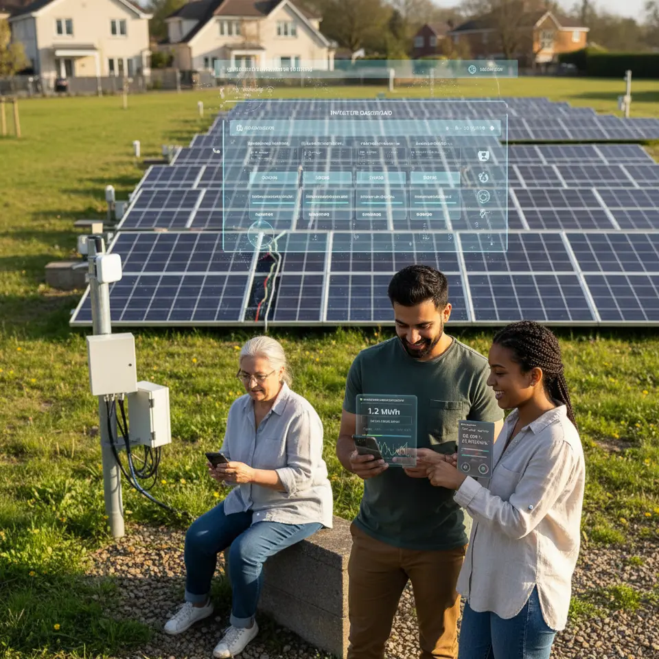 Impact Crowdfunding Platforms: A community-scale solar installation with dozens of rooftop and ground-mounted panels, small investors viewing real-time energy generation and CO₂-avoided metrics on mobile apps, IoT sensors feeding live data streams and progress dashboards, with a transparent online marketplace interface in the background.
