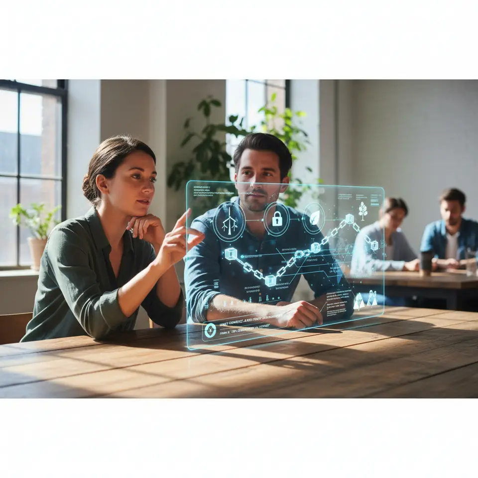 Distributed Ledger (Blockchain) Technologies: A visual of a blockchain ledger verifying carbon credits and renewable energy certificates—digital token icons representing fractional wind-farm and reforestation shares, smart contracts auto-executing payouts on milestone completion, with an immutable chain of blocks and global network nodes to emphasize transparency and trust.