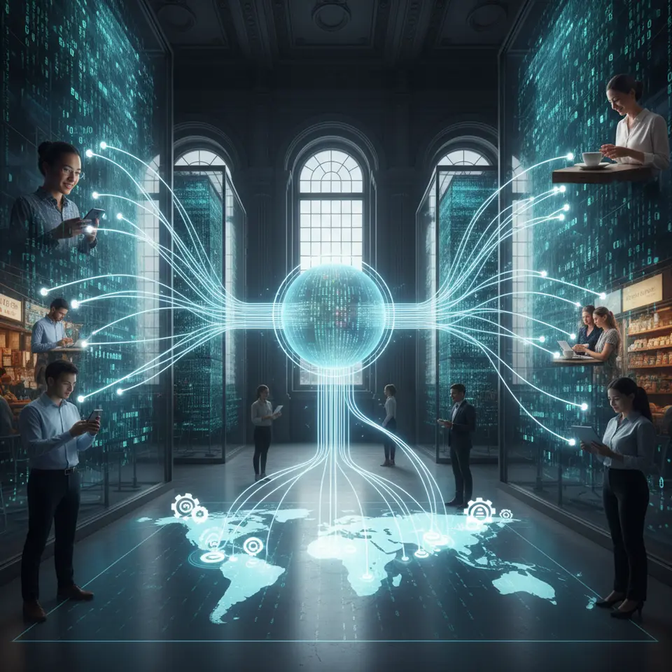 Central Bank Digital Currencies in Action: a high-tech central bank vault glowing with digital tokens flowing out to smartphones and feature-phones worldwide, programmable smart-contract icons overlaying a world map, instant settlement lines connecting merchants and consumers in real time