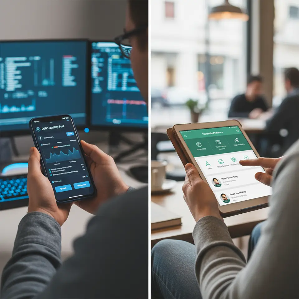 DeFi and Embedded Finance Ecosystem: a split-screen scene showing users depositing assets into on-chain liquidity pools and algorithmic market-makers on one side, and on the other side integrated banking features—payments, lending, and savings—seamlessly embedded into a ride-hailing or e-commerce app interface