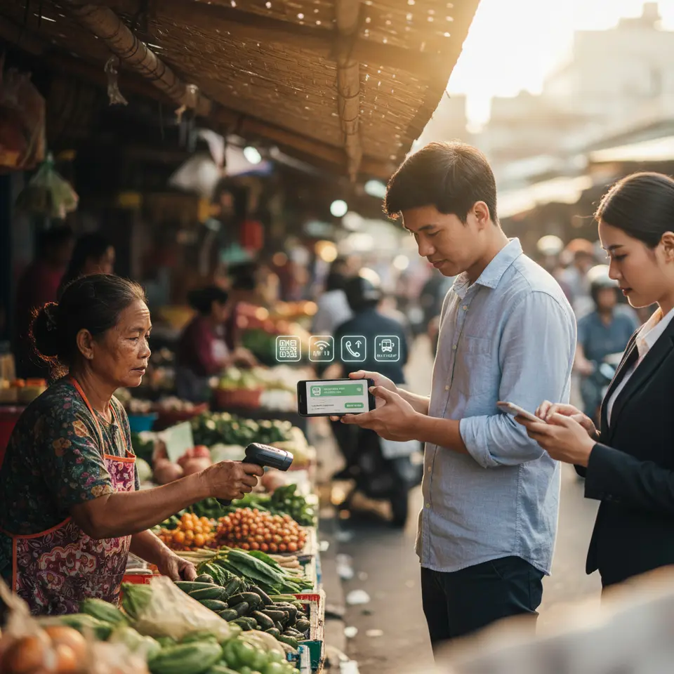 A vibrant street-side scene where a user holds a smartphone displaying a mobile wallet app—icons for QR-code payments, NFC tap, airtime top-up, and bus ticket purchase float around the screen—while a small market vendor scans the code and another commuter buys a digital transit ticket on their phone