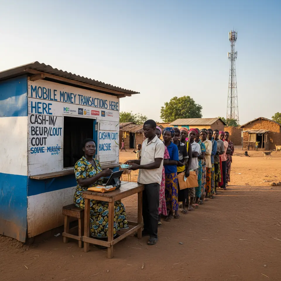 A rural village agent kiosk marked with mobile money signage; a local agent uses a tablet or smartphone to process cash-in and cash-out transactions for farmers and villagers queuing with envelopes of cash; behind them are simple homes, dirt roads, and a distant telecom tower symbolizing network reach